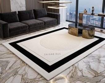 Hand Tufted Wool Rug, Black & Ivory Modern Area Rug, Geometric Luxury Rug,