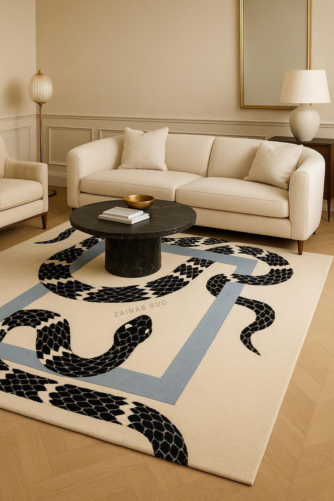 Luxury Snake Design Tufted Wool Rug | Modern Beige & Black Serpent ...