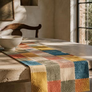 Peut inclure: Un chemin de table rectangulaire présentant un motif à carreaux multicolores. Le textile affiche des carrés alternés dans des tons de jaune moutarde, orange terre cuite, vert sauge, crème et bleu profond, avec un tissage texturé visible.