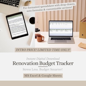 Feuille de calcul de suivi du budget de rénovation | Feuilles Excel et Google | Modèle de rénovation | Suivi budgétaire | Organisateur de rénovation | Rénovation domiciliaire
