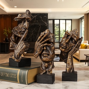 Sculpture abstraite unique en résine, lot de 3 statues SAY NO MORE, décoration de maison et de jardin, sculpture de salon et de jardin, décoration d&#39;intérieur vintage