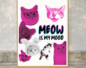 Funny Cat Poster Printable, Y2K Pop Art Wall Decor, Colorful Cat Wall Art, Digital Download Print