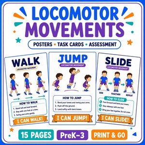 May include: Educational poster set titled LOCOMOTOR MOVEMENTS featuring instructions for walk, jump, and slide. Includes illustrations of children performing each action, numbered steps, and orange banners reading I CAN WALK, I CAN JUMP, and I CAN SLIDE.