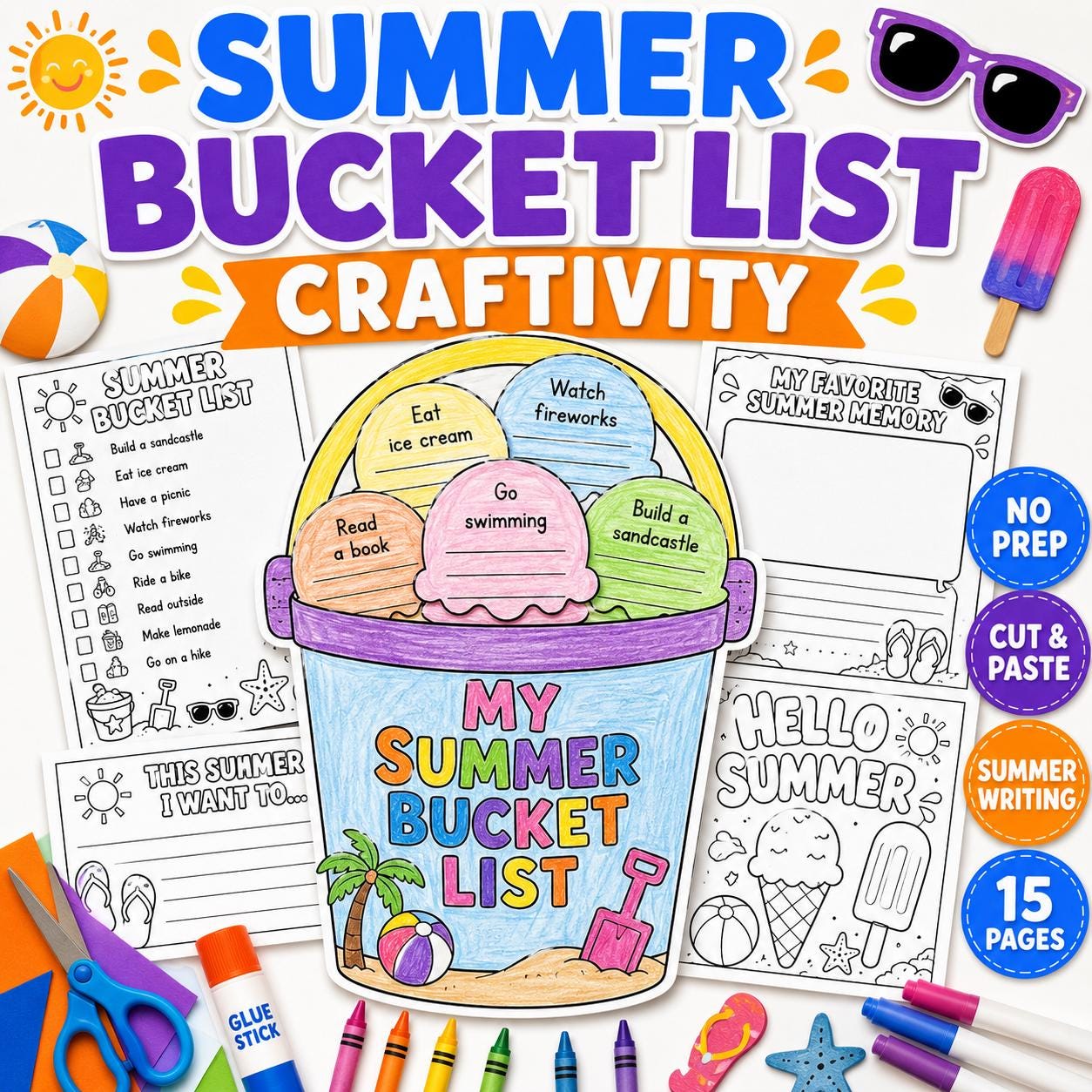 30 DIY Beach Crafts For Kids Perfect On Sunny Days 20 Summer Bucket List Craftivity, Ice Cream & Beach Bucket Writing…