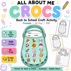 May include: A printable back-to-school craft activity titled All About Me Crocs. The set includes 12 PDF pages featuring a large mint green clog outline with various colorful icons like a pizza, soccer ball, rocket, and cat, plus worksheets.