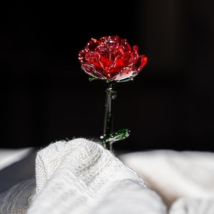 Puede incluir: Una rosa roja de cristal hecha a mano con intrincados detalles en los pétalos. La rosa se asienta sobre un tallo de cristal transparente con hojas verdes. La flor se exhibe sobre un fondo oscuro, resaltando su color vibrante y su delicada artesanía.