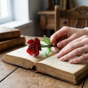Puede incluir: Una rosa de cristal roja hecha a mano con hojas verdes descansa sobre un libro antiguo abierto. La rosa es de un rojo vibrante y translúcido, y las hojas son de un verde brillante. El libro está sobre una mesa de madera.
