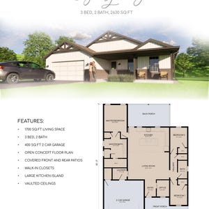 May include: Architectural rendering of a house plan labelled "Lacy Spring." The image shows a house exterior with a car parked in the driveway, and a floor plan with room dimensions. Features include 3 beds, 2 baths, and 244.34 sq m.