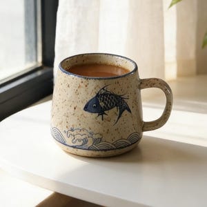 May include: A beige ceramic mug with a fish design. The mug features a dark blue fish illustration and blue wave pattern near the base. The mug is filled with a brown liquid. It sits on a white surface.