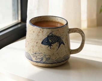 Japanese Ceramic Coffee Mug, Fish Art Mug, Handmade Style Tea Cup, Rustic Pottery Mug, Aesthetic Coffee Cup, Unique Gift Mug