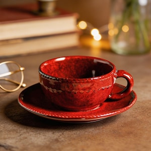 Ruby Red Ceramic Cup and Saucer Set, 230ml Speckled Glaze Tea Mug