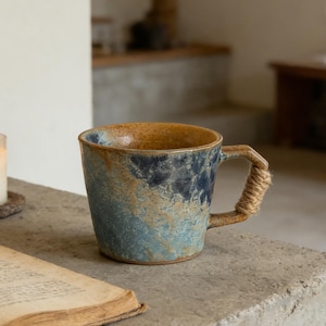 Könnte beinhalten: Eine Keramiktasse mit blau-brauner, gesprenkelter Glasur und einem griff mit Seil umwickelt. Die Tasse steht auf einer Betonoberfläche neben einem offenen Buch und einer brennenden Kerze in einem Glashalter.