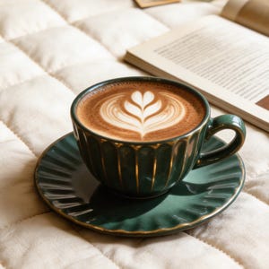 May include: A dark green ceramic coffee cup and saucer set with a gold trim, filled with a latte featuring a heart-shaped design. The cup sits on a quilted surface, next to an open book, a small photo, and a perfume bottle.