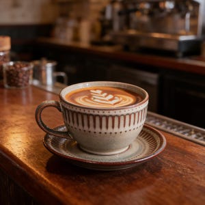 May include: A cup of coffee with latte art on a saucer on a wooden counter. The cup is beige with a brown rim and handle. The coffee has a leaf design. A jar of coffee beans is in the background.