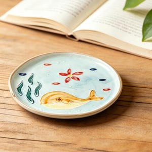 Hand Painted Ceramic Coaster, Handmade Whale Ocean Pottery Tea Saucer, Round Coffee Cup Mat, Small Trinket Dish, Coffee Lover Gift