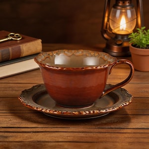 Handmade Brown Ceramic Teacup and Saucer, Vintage Cottagecore Tea Cup Set, 7.4 oz Rustic Pottery Coffee Cup Gift