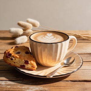 Puede incluir: Una taza de café de cerámica beige con borde negro, llena de arte latte, se encuentra sobre un platillo a juego con una cuchara. Un bollo de arándanos y flores secas también están sobre la mesa de madera. La escena está bañada en luz cálida.
