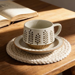 Japanese Ceramic Coffee Cup and Saucer Set, Handmade Stoneware Latte Cup, Aesthetic Pottery Mug, 300ml Coffee Cup, Gift for Coffee Lover