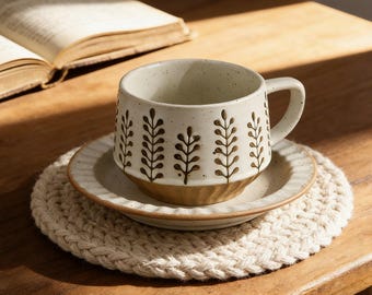 Japanese Ceramic Coffee Cup and Saucer Set, Handmade Stoneware Latte Cup, Aesthetic Pottery Mug, 300ml Coffee Cup, Gift for Coffee Lover