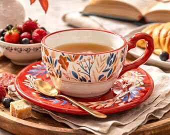 Lemon Bird Ceramic Coffee Cup with Saucer, Handmade Vintage Tea Cup, Cute Cottagecore Mug, Green Floral Cup, Unique Gift for Her