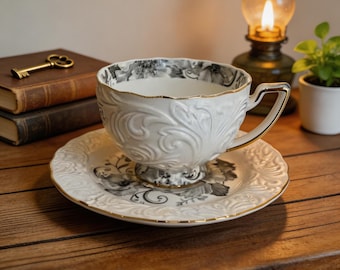 Vintage Inspired Porcelain Tea Cup and Saucer Set, Gold Rim Black Floral Teacup, 200ml Cottagecore Afternoon Tea Gift