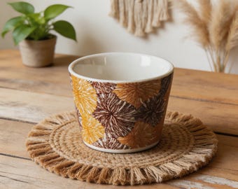 Ginkgo Leaf Ceramic Cup and Saucer Set, 250ml Botanical Tea Cup, Handleless Coffee Mug, Boho Hostess Gift