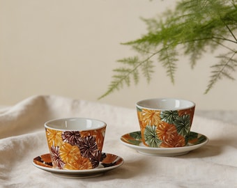 Floral Ceramic Cup and Saucer Set, Handleless 250ml Tea Cup, Vintage Botanical Coffee Cup, Cottagecore Gift for Her