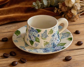 Blue Hydrangea Ceramic Cup & Saucer Set, Floral Tea Cup, Cottagecore Coffee Mug Gift for Her