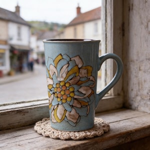 May include: A tall, light blue ceramic mug with a large floral design in yellow, beige, and blue. The mug sits on a beige crocheted coaster. The mug has a brown rim and a curved handle. The background shows a street scene.