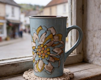 Handmade Floral Ceramic Mug, Tall Coffee Cup, Vintage Flower Pottery Mug, Rustic Stoneware Latte Mug, Unique Gift for Coffee Lover