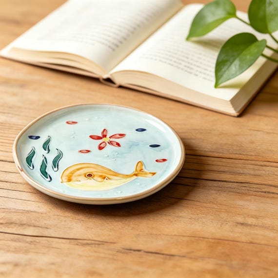 A genuinely hand-painted whale ceramic coaster that doubles as a trinket dish — earthy, artisanal, and the kind of thing that feels curated rather than bought.