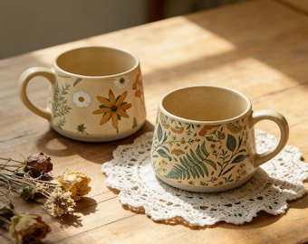 Vintage Floral Ceramic Coffee Mug 360ml, Botanical Tea Cup, Cottagecore Mug, Aesthetic Coffee Lover Gift