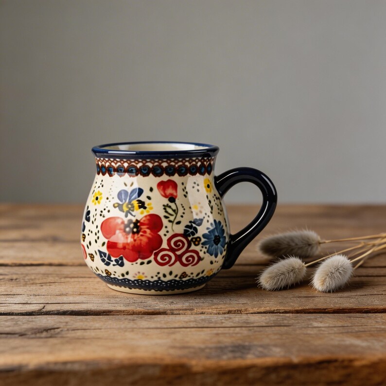 Cottagecore floral mug with cream body, navy rim, and vintage-inspired artwork.