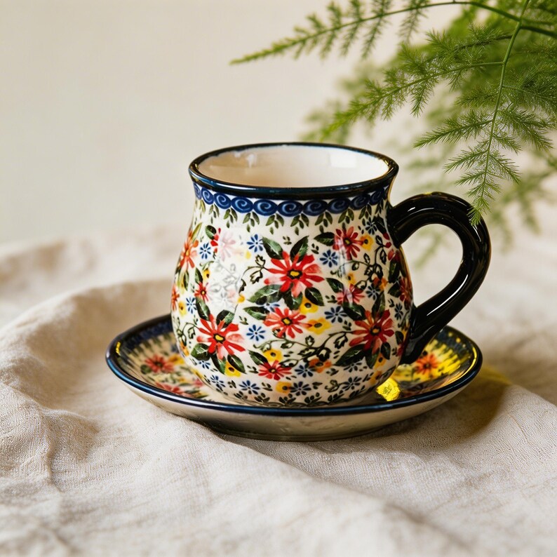 Botanical tea mug with red blooms, green leaves, and dark blue decorative rim