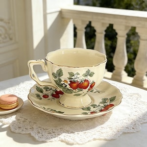 Fransk vintage jordgubbstekopp och fatset, Cottagecore estetisk kaffekopp, retro keramisk teservis med guldkant, Shabby chic-present till henne