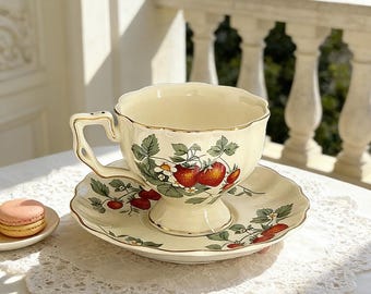 French Vintage Strawberry Teacup and Saucer Set, Cottagecore Aesthetic Coffee Cup, Retro Gold Trim Ceramic Tea Set, Shabby Chic Gift Her