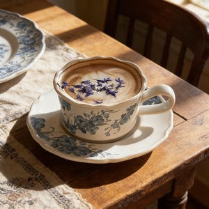 Könnte beinhalten: Eine weiße Tasse und Untertasse mit blauen Blumenmustern, gefüllt mit einem Cappuccino. Der Cappuccino ist hellbraun und mit blauen Blütenblättern verziert. Im Hintergrund ist ein passender Teller zu sehen. Das Set steht auf einem Holztisch.
