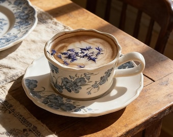 Set di tazze da caffè vintage francesi con motivo floreale, tazza da tè in ceramica blu e bianca con piattino, tazza in stile cottagecore, tazza da espresso estetica, regalo.