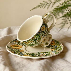 Handmade Floral Ceramic Teacup & Saucer Set, Cottagecore Tea Cup, Vintage Inspired 10 oz Gift