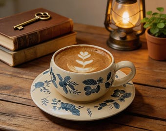 Vintage Floral Ceramic Coffee Cup with Saucer, Blue White Tea Cup, Cottagecore Cappuccino Mug, Handmade Style Latte Cup, Cozy Gift for Her