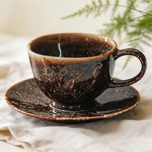 Handmade Ceramic Tea Cup with Saucer, Brown Speckled Leaf Pottery Mug, 180ml Cappuccino Cup Gift