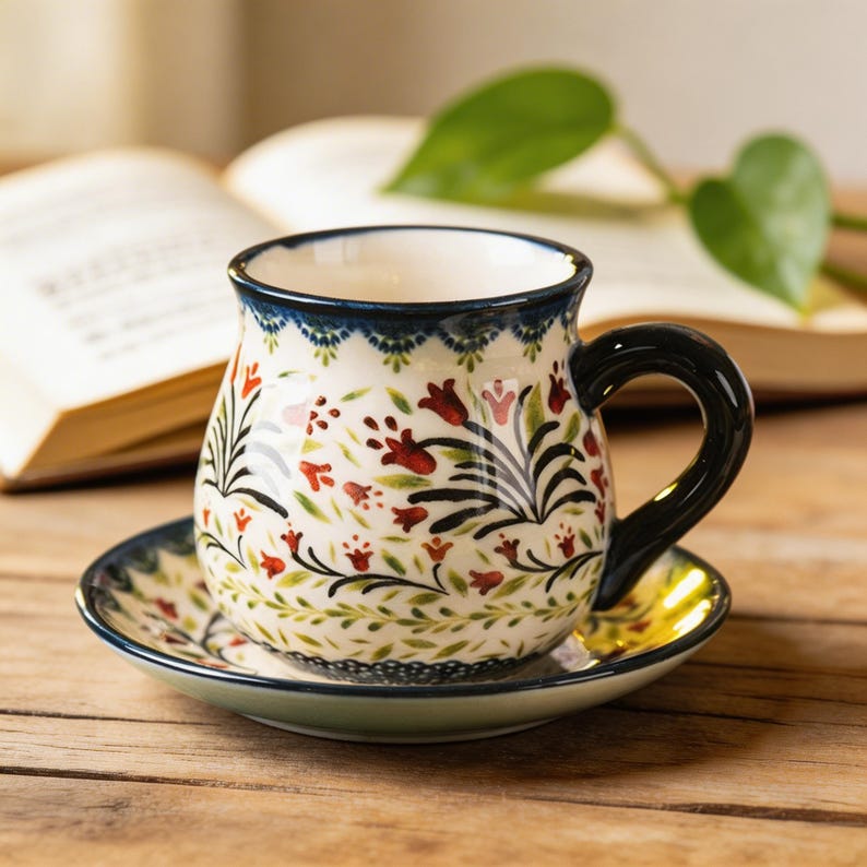 Side view of a floral coffee cup showing the glossy black curved handle.