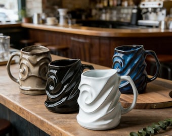 Modern Spiral Ceramic Mug, Unique Wave Texture Coffee Cup, Aesthetic Minimalist Pottery, Handmade White Tea Mug, Artist Gift, Home Decor Mug