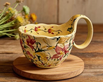 May include: A yellow ceramic teacup with a large handle and floral design. The cup features a scalloped rim and is decorated with red, pink, and yellow lily flowers. The cup sits on a round wooden coaster.