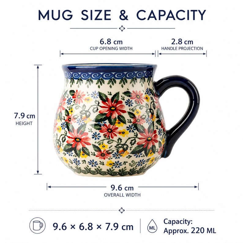 Small 220 ml ceramic tea cup with red floral pattern and green botanical details.