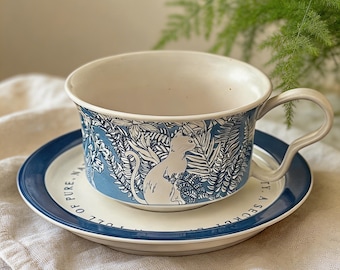 Blue Cat Tea Cup and Saucer, 290ml Ceramic Teacup, Cottagecore Kitty Mug Gift