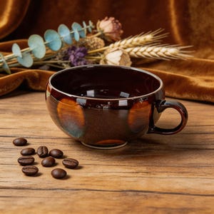 May include: A brown ceramic coffee mug with a handle, featuring a glossy finish with orange and blue hues. Several coffee beans are scattered on a wooden surface next to the mug. Dried flowers and wheat stalks are in the background.