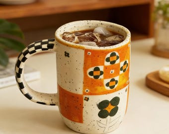 Retro Ceramic Coffee Mug, Orange Checkered Mug, Aesthetic Pottery Mug, Cute Floral Coffee Cup, Unique Tea Mug Gift, Handmade Style Mug