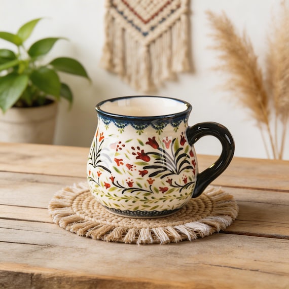 Floral Ceramic Mug, Cottagecore Tea Cup, Hand Painted Style Coffee Cup, Small 220ml Mug Gift for Her, Mom Gift