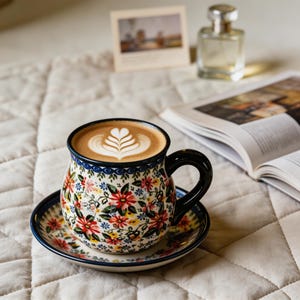 Close up of the hand-painted-style flowers and leafy details on a ceramic mug.